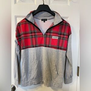 Simply Southern Red Plaid Pullover Quarter Zip Sequin Deer Antler Back Woman’s M
